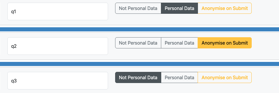 Shows 3 questions in the online editor, each selecting a different PII flag