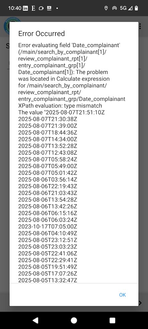 Screenshot from fieldTask showing a calculation error