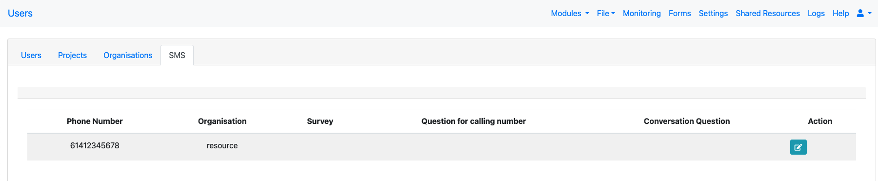 A list of SMS numbers available in an organisation